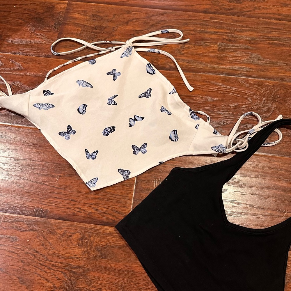 H&M  White Blue Butterfly Crop Tank Top with Tie & Black Cropped Halter Tank Top